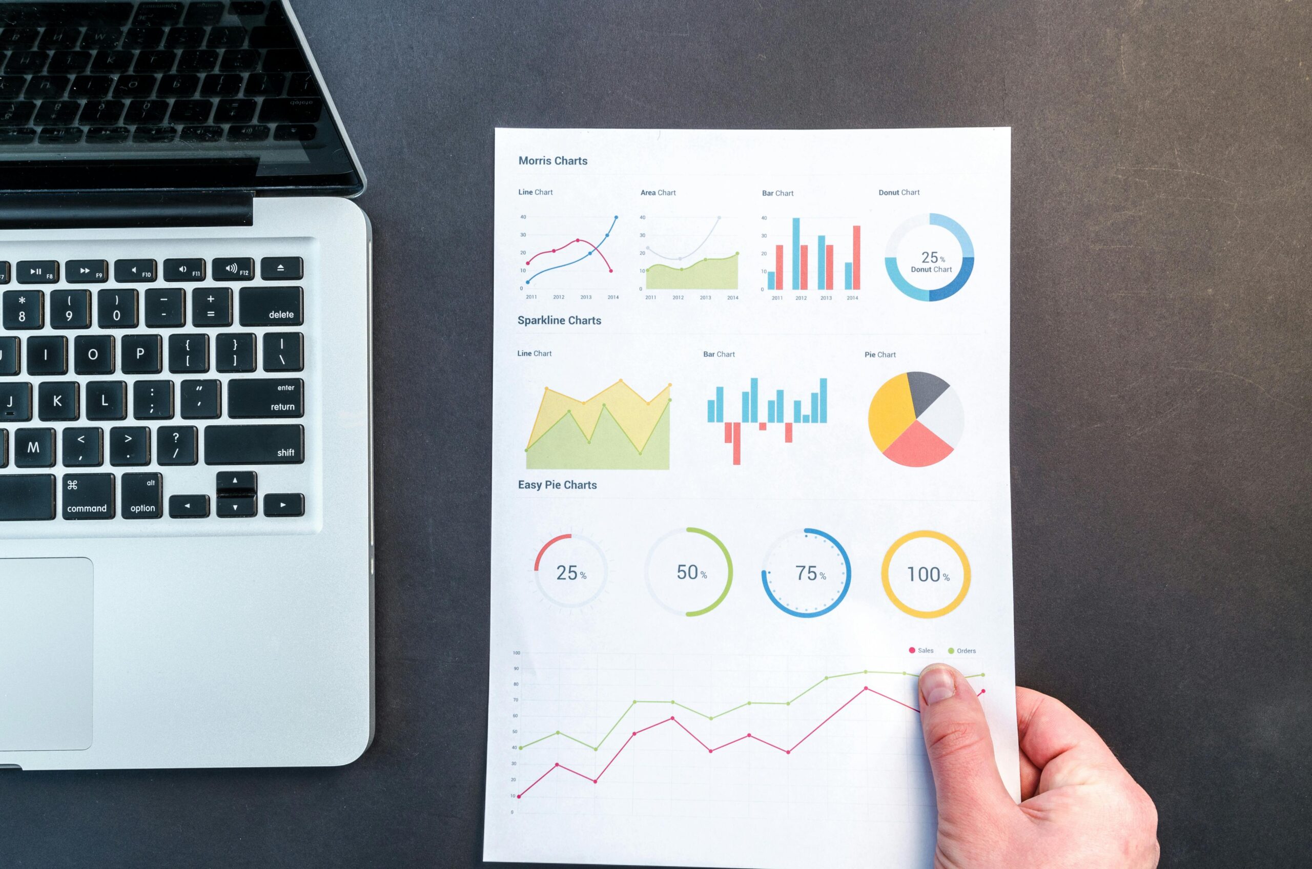 Person som håller ett diagram och stapeldiagram, analyserar affärsdata och digital marknadsföring